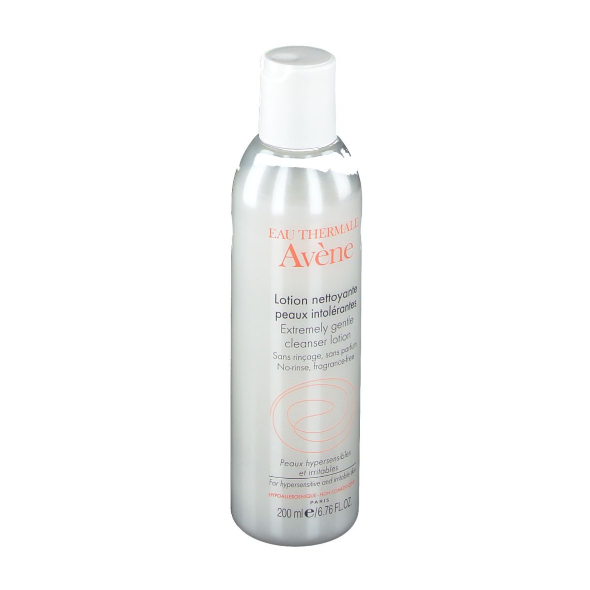 Silberne Flasche mit weißem Deckel. Aufschrift: Eau Thermale Avène, Lotion nettoyante peaux intolérantes. 200 ml.