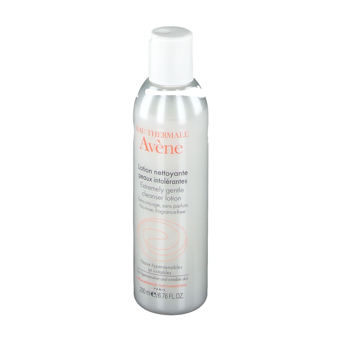 Silberne Flasche mit weißem Deckel. Aufschrift: Eau Thermale Avène, Lotion nettoyante peaux intolérantes. 200 ml.
