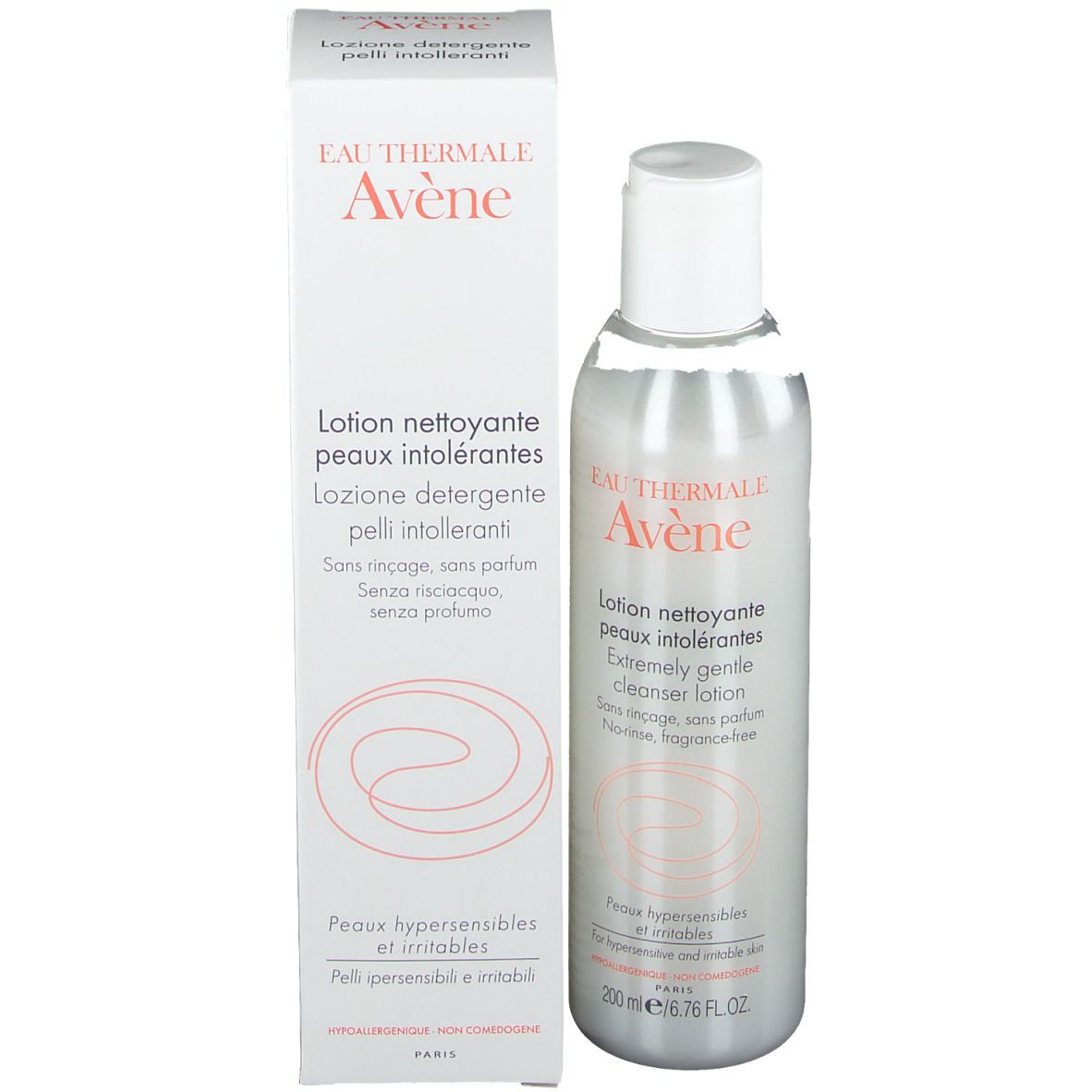 Produktverpackung mit Flasche. Aufschrift: Eau Thermale Avène, Lotion nettoyante peaux intolérantes. 200 ml.