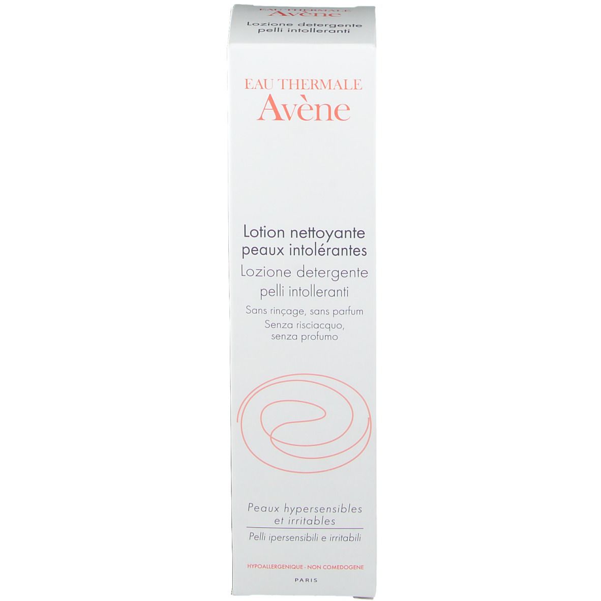 Produktverpackung. Aufschrift: Eau Thermale Avène, Lotion nettoyante peaux intolérantes. Text und Logo.