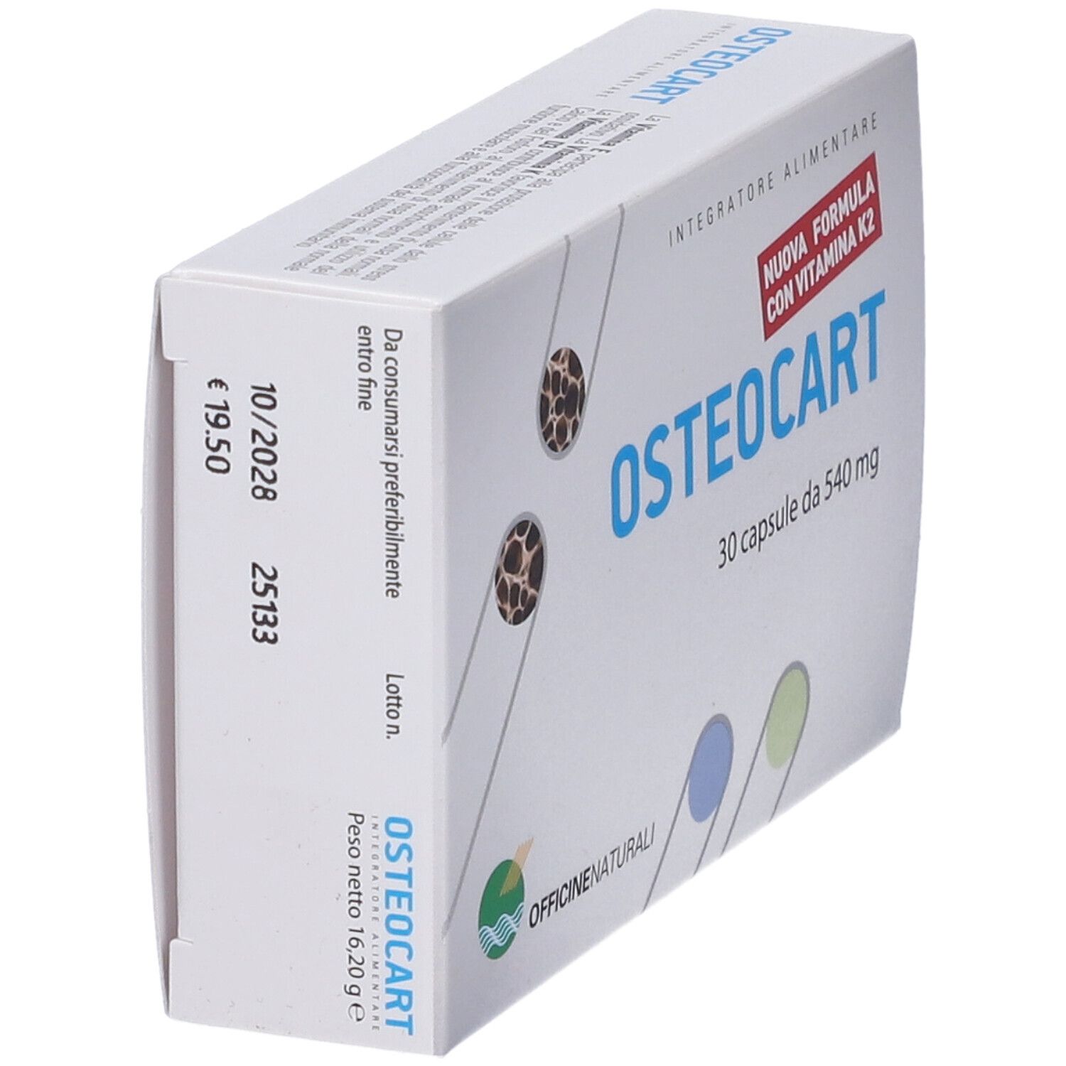 Osteocart 30 Kapseln Schachtel, Rückseite mit Verfallsdatum und Chargennummer.
