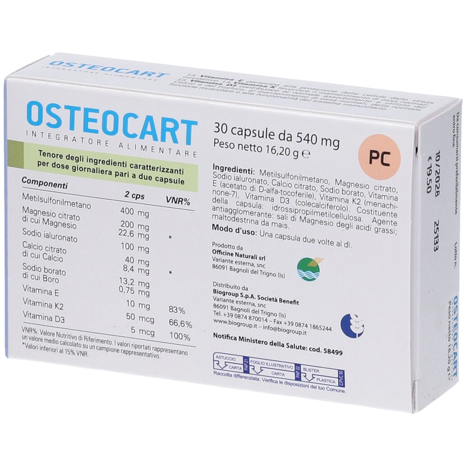 Osteocart 30 Kapseln Schachtel, Vorderseite mit Zutatenliste und Nährwertangaben.
