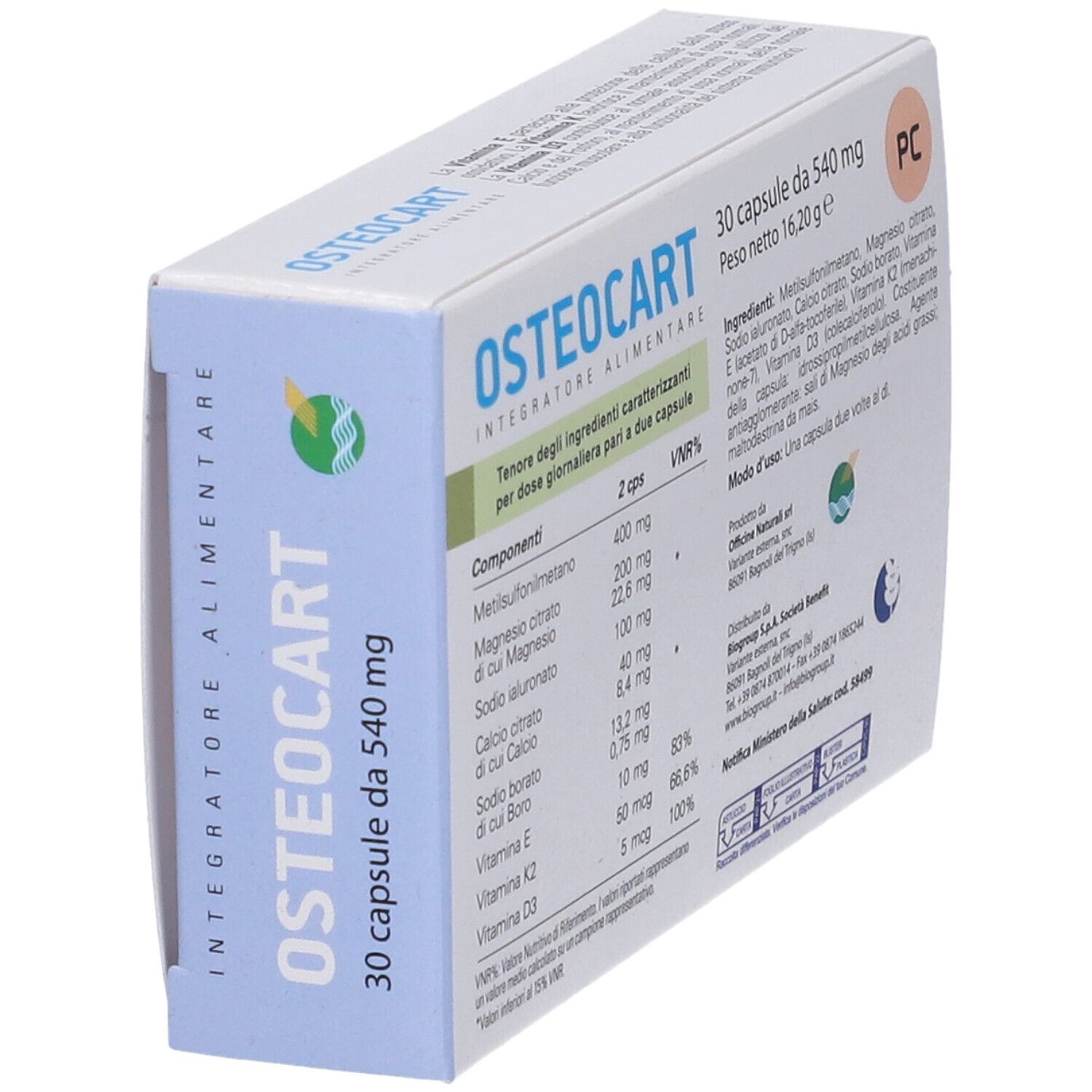 Osteocart 30 Kapseln Schachtel, Seite mit Produktinformationen.