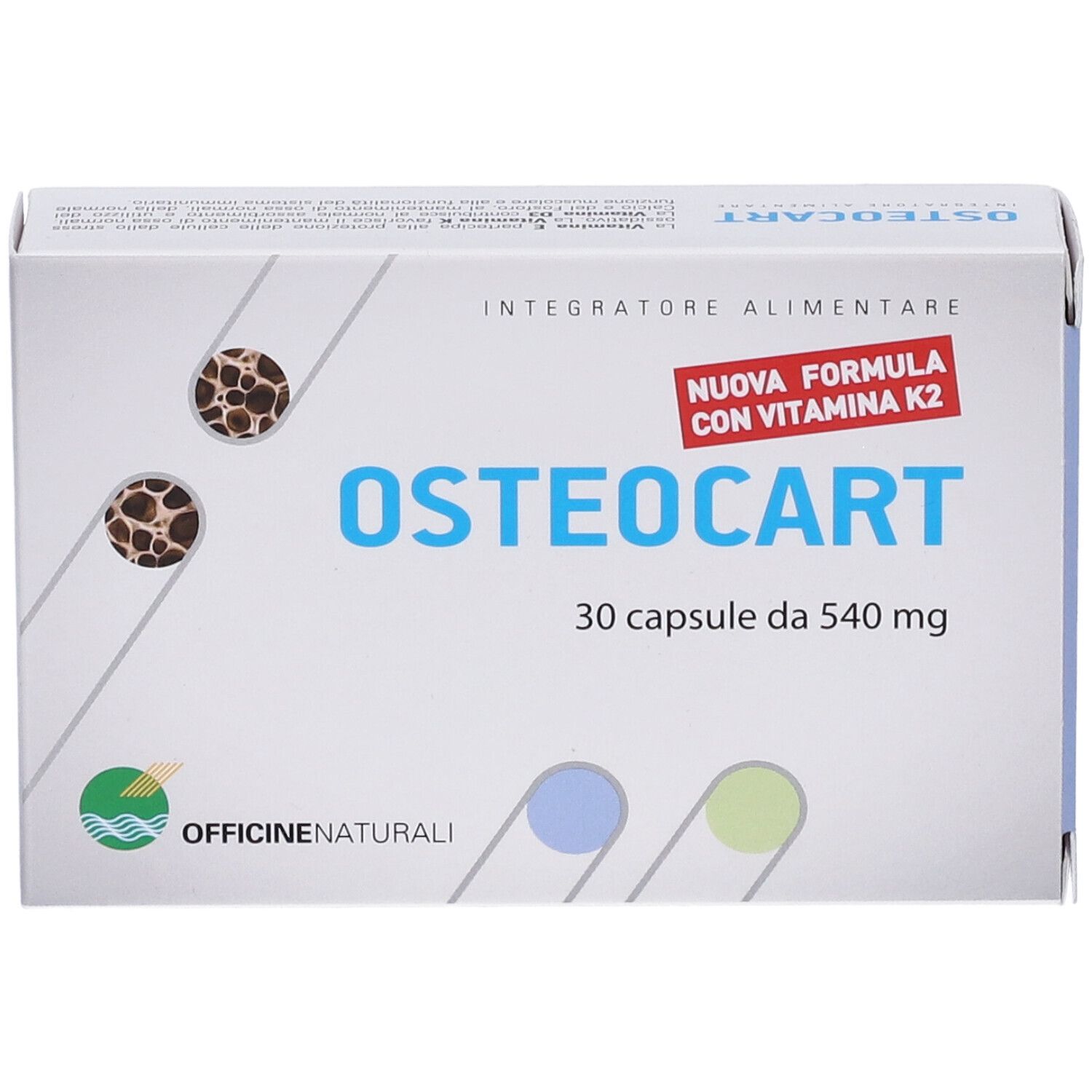 Osteocart 30 Kapseln Schachtel mit Vitamin K2 und Officiine Naturali Logo.