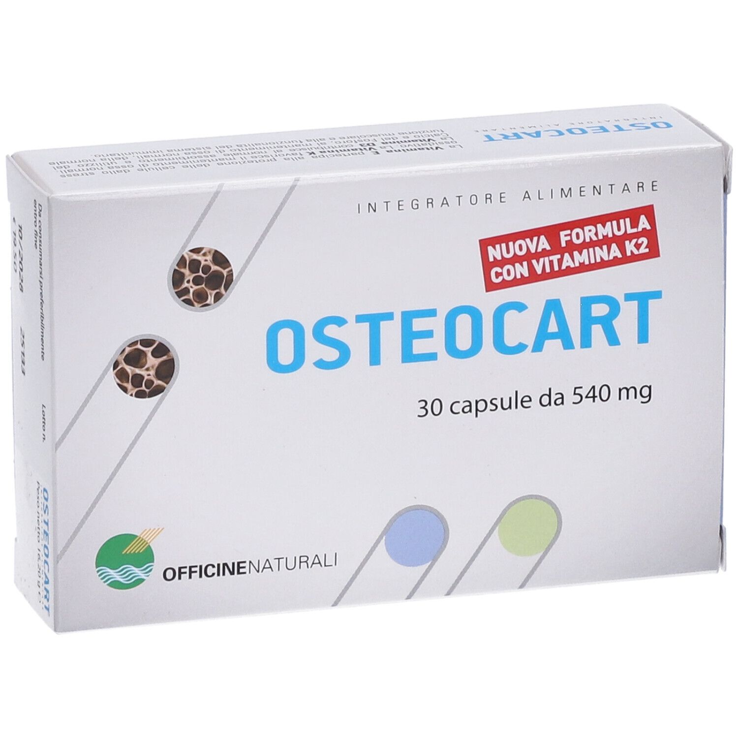 Osteocart 30 Kapseln Schachtel mit Vitamin K2 und Officiine Naturali Logo.