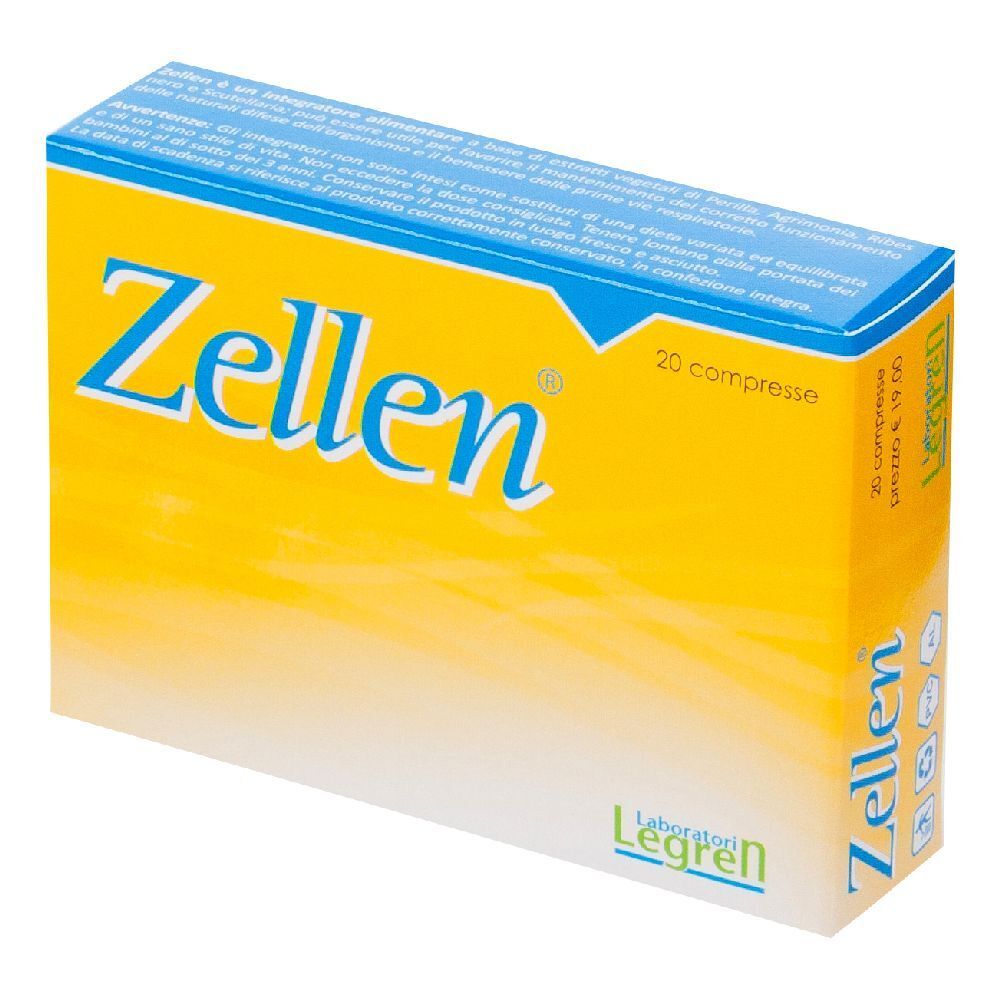 Boîte Zellen®, jaune et bleu, contenant 20 comprimés. Fabricant : Legren.