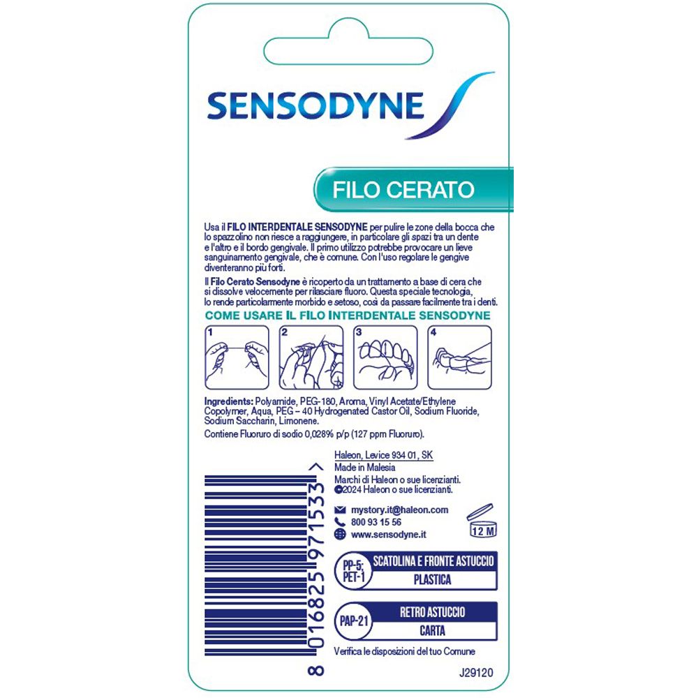 Dos de l'emballage de fil dentaire. Texte en italien. Illustrations d'utilisation. Logo de la marque et nom du produit.