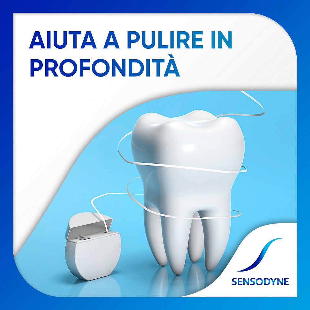 Modèle de dent avec fil dentaire. Logo SENSODYNE ®. Texte : Aide à nettoyer en profondeur.