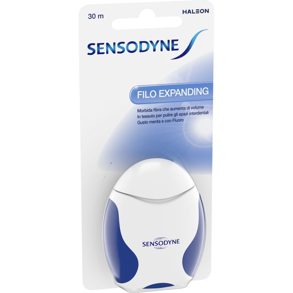Fil dentaire SENSODYNE ®. Emballage blanc et bleu avec image du produit et nom de la marque. 30 m.