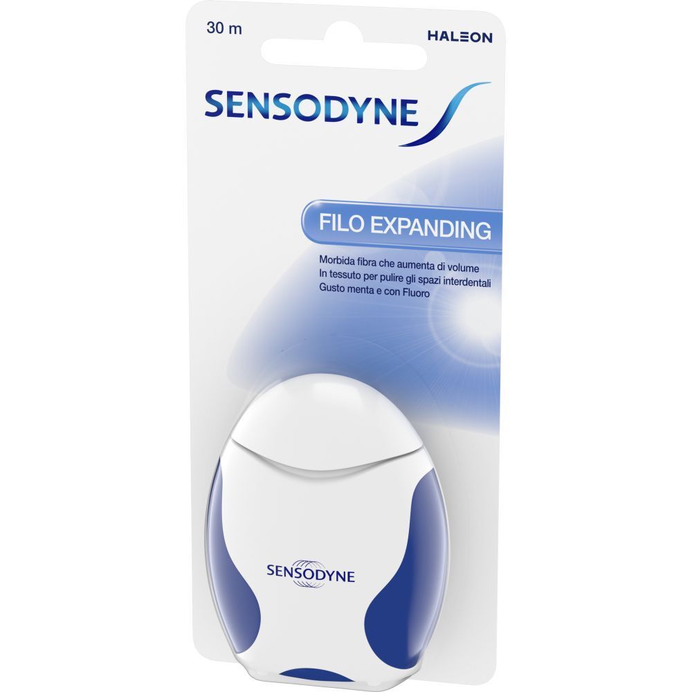 Fil dentaire SENSODYNE ®. Emballage blanc et bleu avec image du produit et nom de la marque. 30 m.