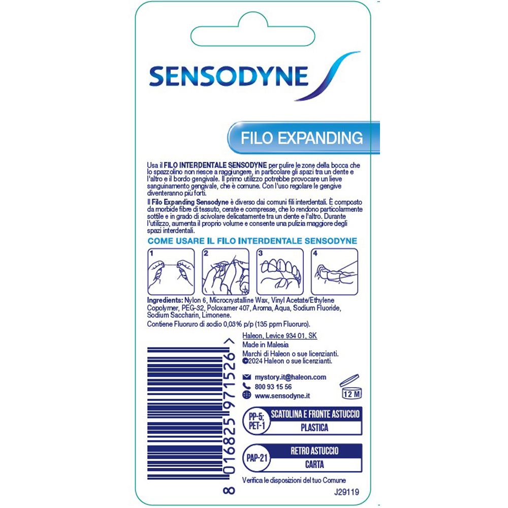 Dos de l'emballage du fil dentaire SENSODYNE ®. Informations sur l'utilisation et les ingrédients.