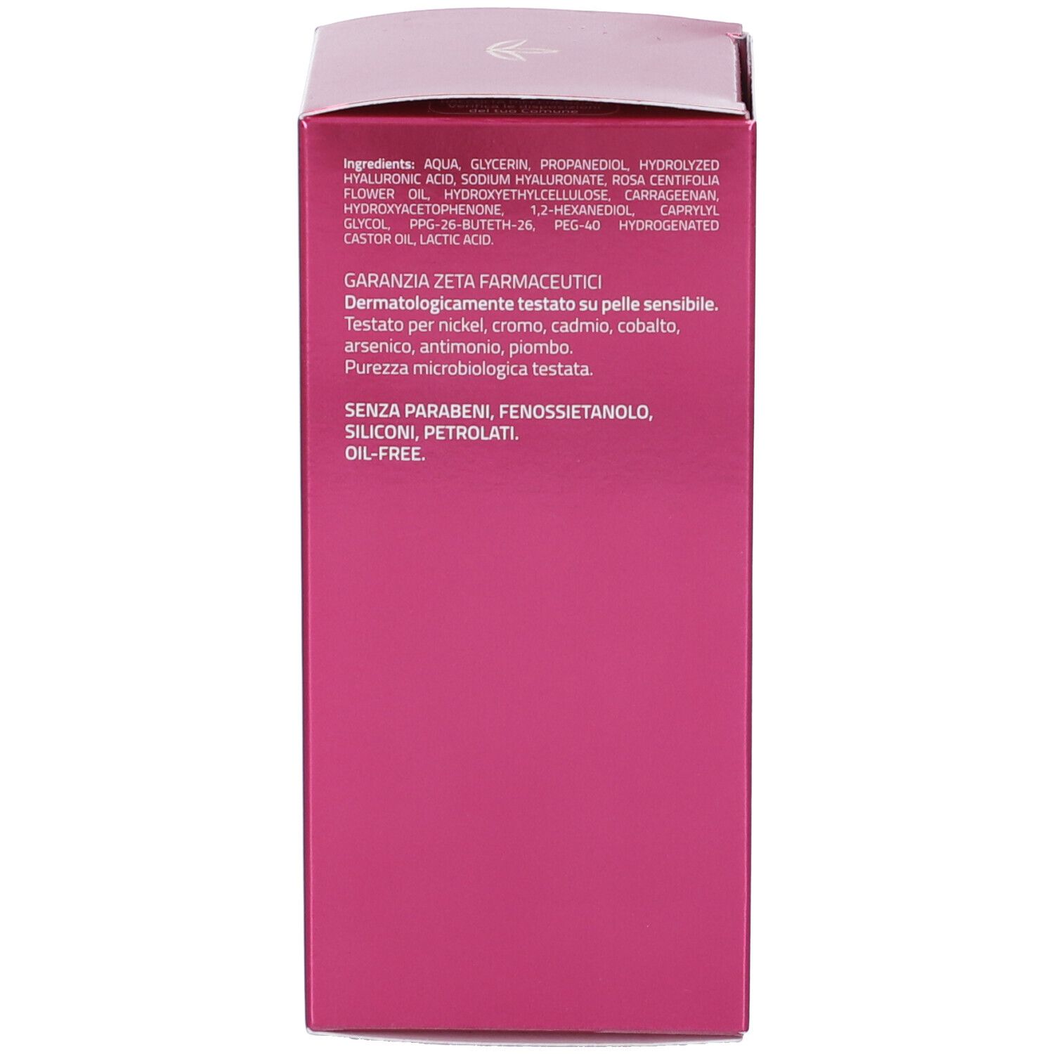 Côté de l'emballage du produit. Liste des ingrédients et informations sur la qualité.