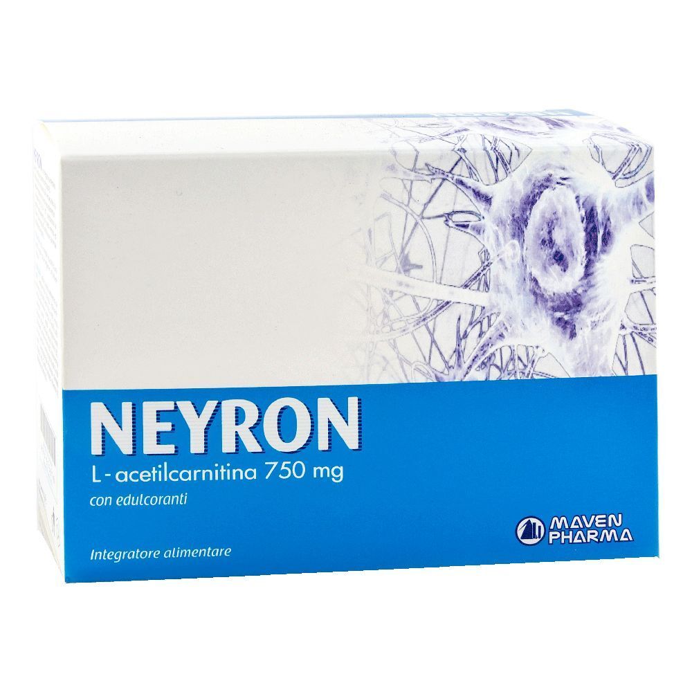 Schachtel mit Produktaufdruck. Blaue und weiße Farbgebung. Aufschrift: Neyron L-acetilcarnitina 750 mg.