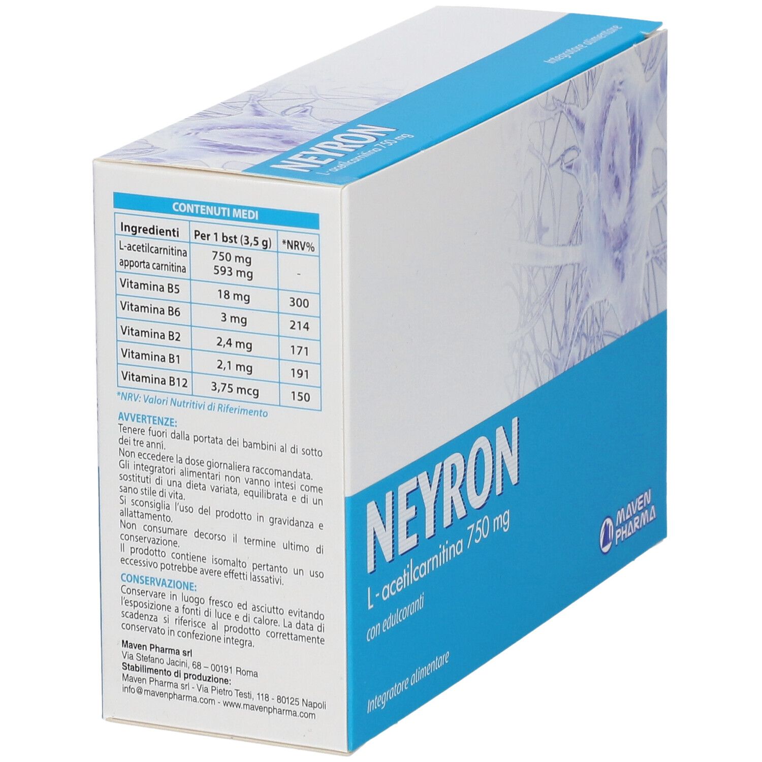 Produktverpackung. Aufschrift: Neyron L-acetilcarnitina 750 mg. Mit Inhaltsangaben und Herstellerlogo.