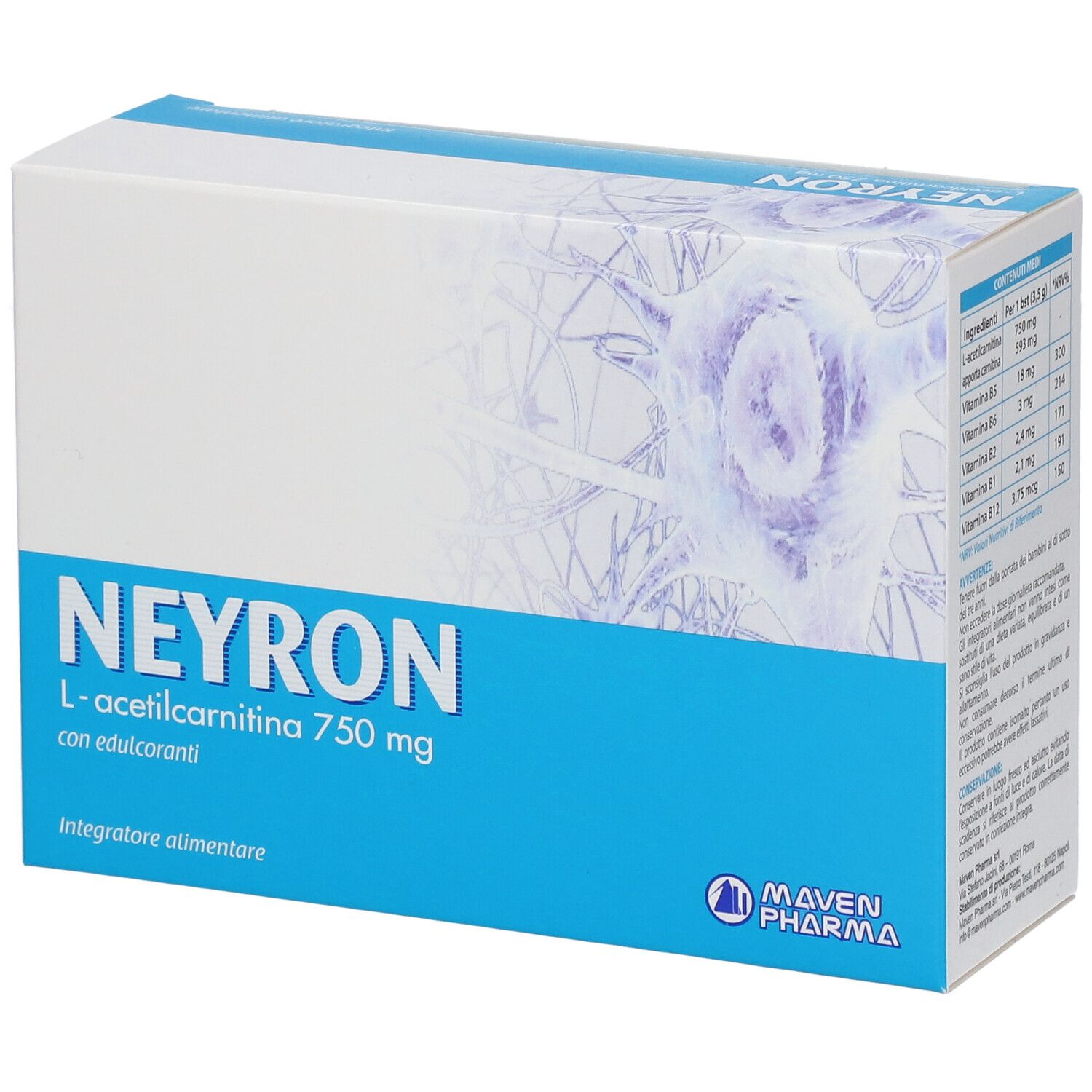 Produktverpackung. Aufschrift: Neyron L-acetilcarnitina 750 mg. Mit Inhaltsangaben und Herstellerlogo.