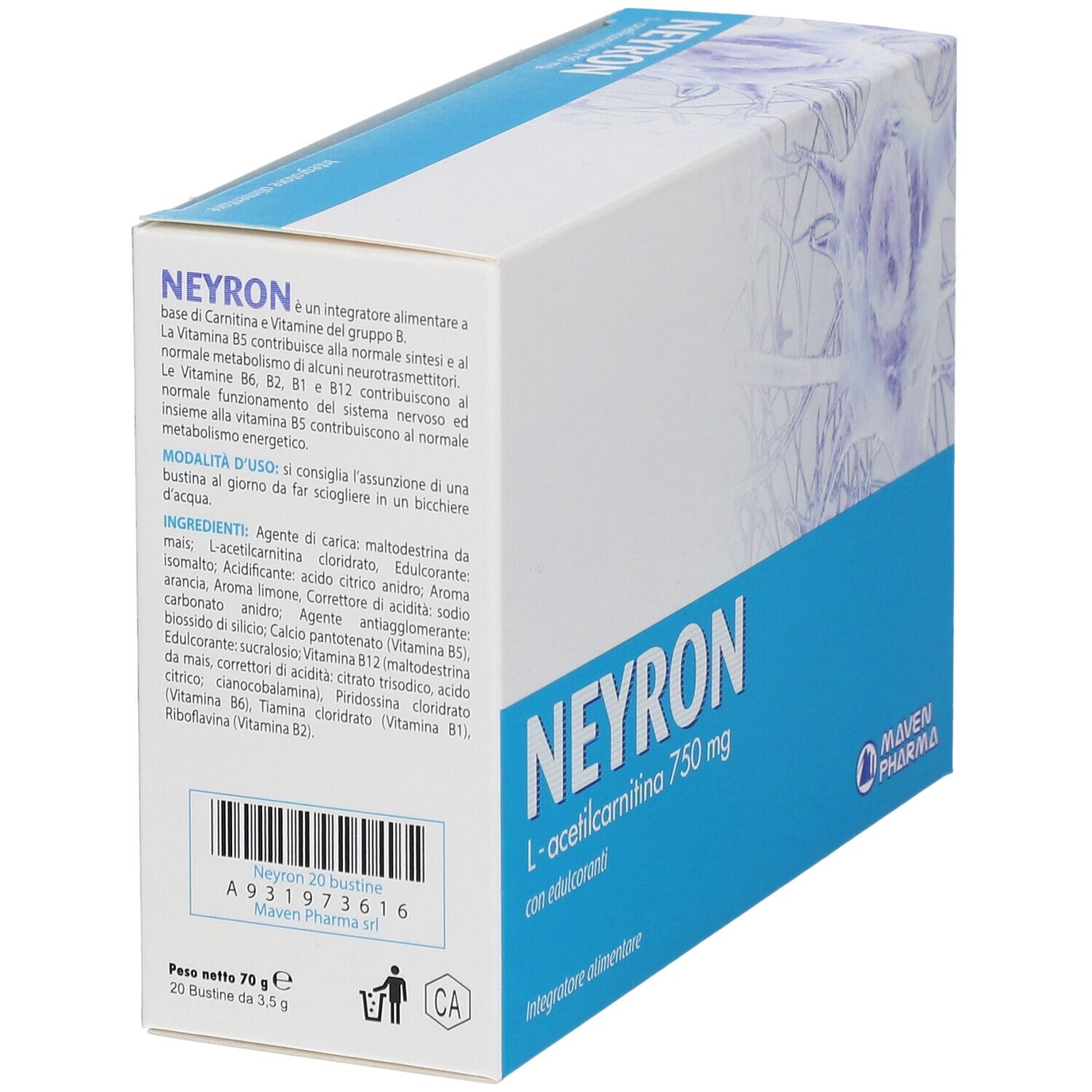 Produktverpackung. Aufschrift: Neyron L-acetilcarnitina 750 mg. Mit Inhaltsangaben und Herstellerlogo.
