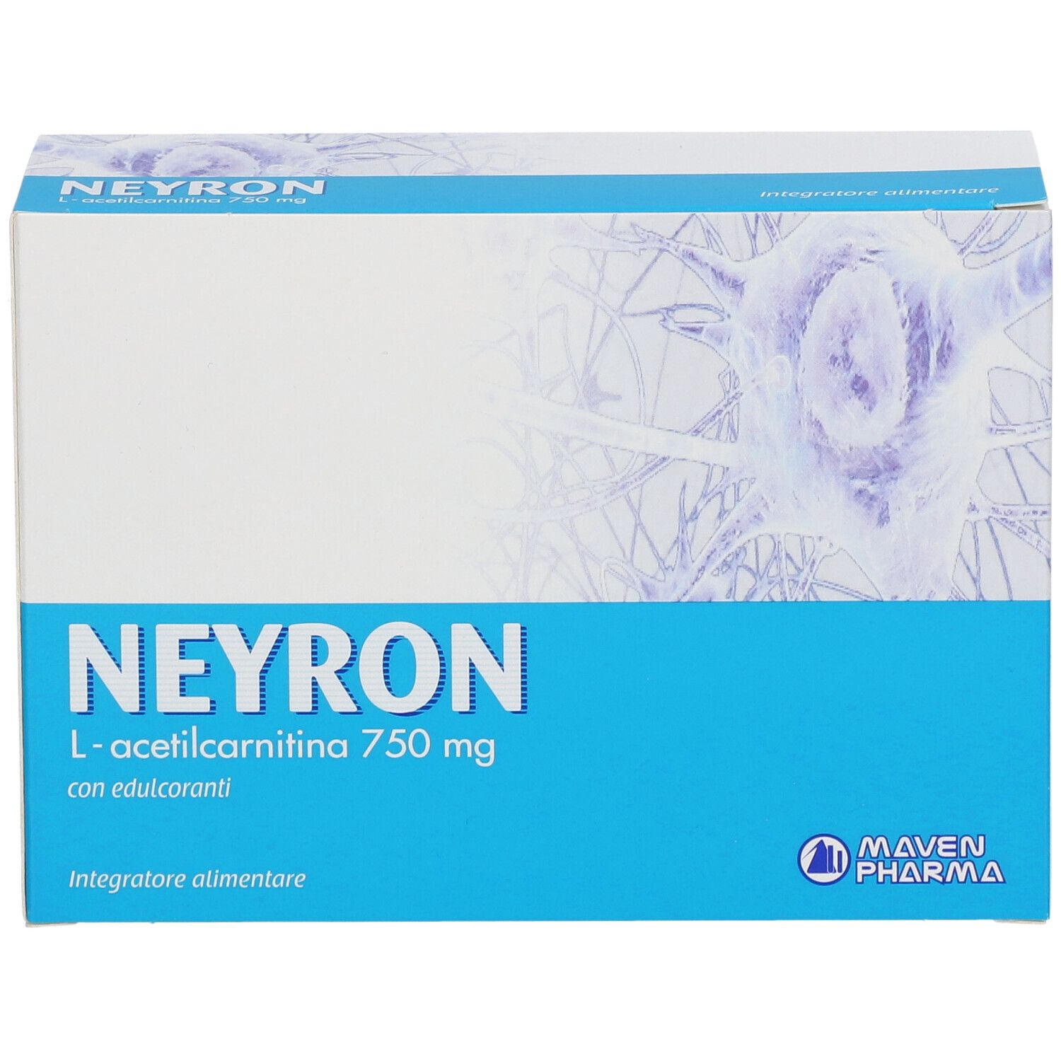 Produktverpackung. Aufschrift: Neyron L-acetilcarnitina 750 mg. Mit Inhaltsangaben und Herstellerlogo.