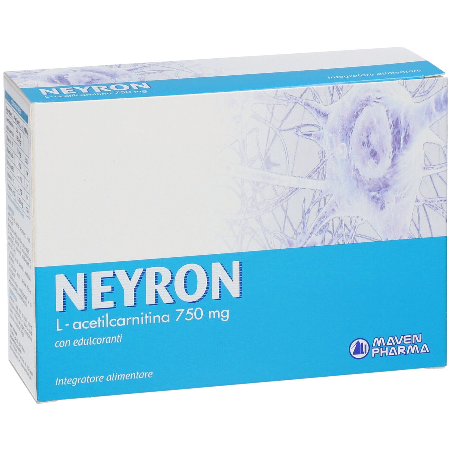 Produktverpackung. Aufschrift: Neyron L-acetilcarnitina 750 mg. Mit Inhaltsangaben und Herstellerlogo.