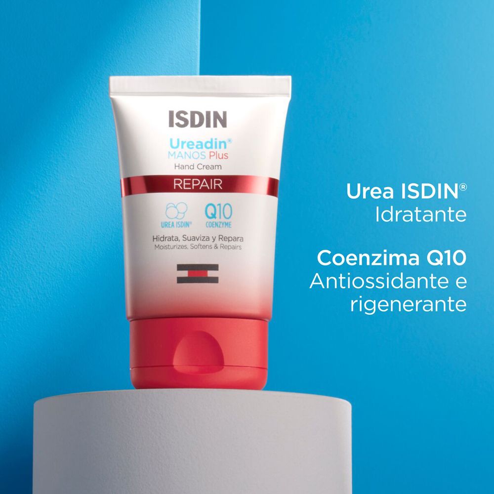 Tube de crème pour les mains. Texte: Urea ISDIN® Idratante, Coenzima Q10 Antiossidante e rigenerante.