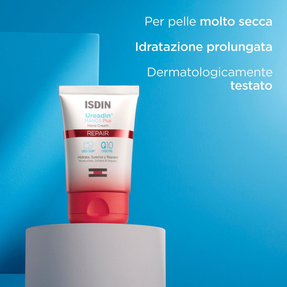 Tube de crème pour les mains. Texte: Per pelle molto secca, Idratatione prolungata, Dermatologicamente testato.