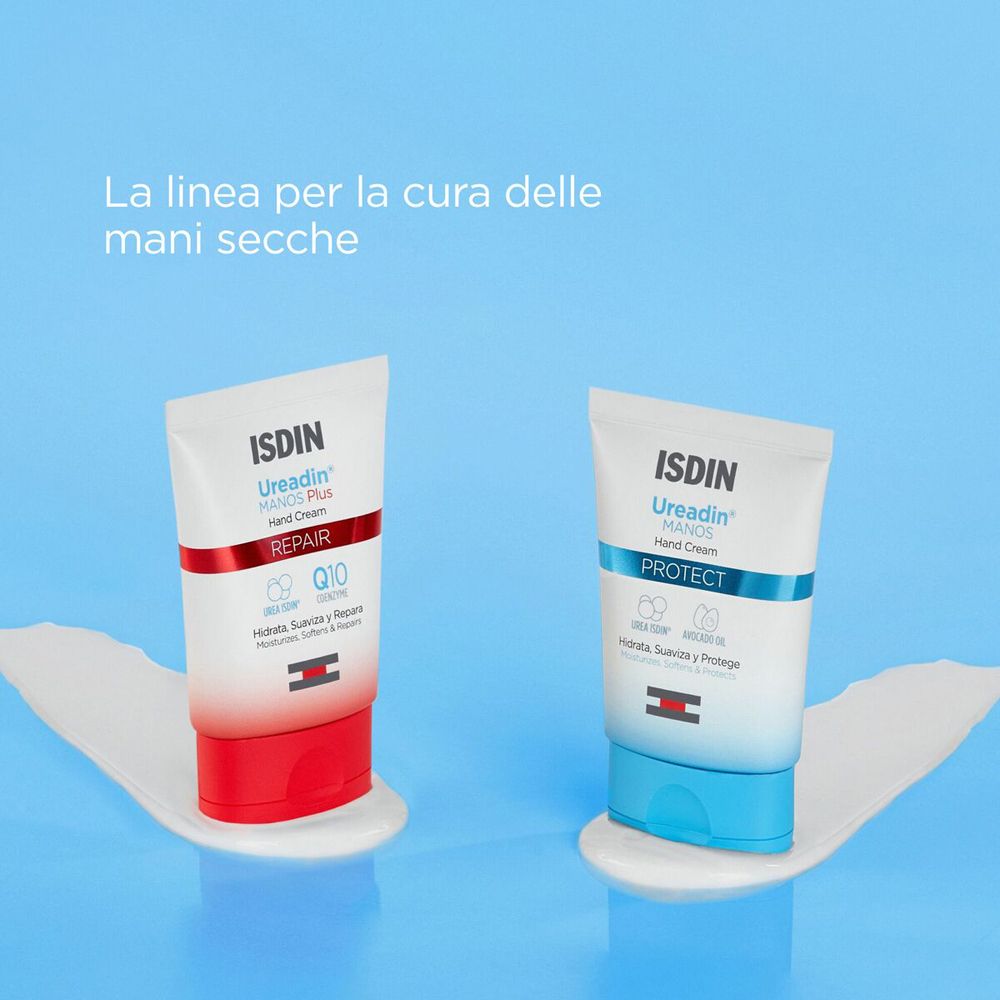 Deux tubes de crème pour les mains. Inscription: ISDIN Ureadin® MANOS PLUS Hand Cream REPAIR et PROTECT.