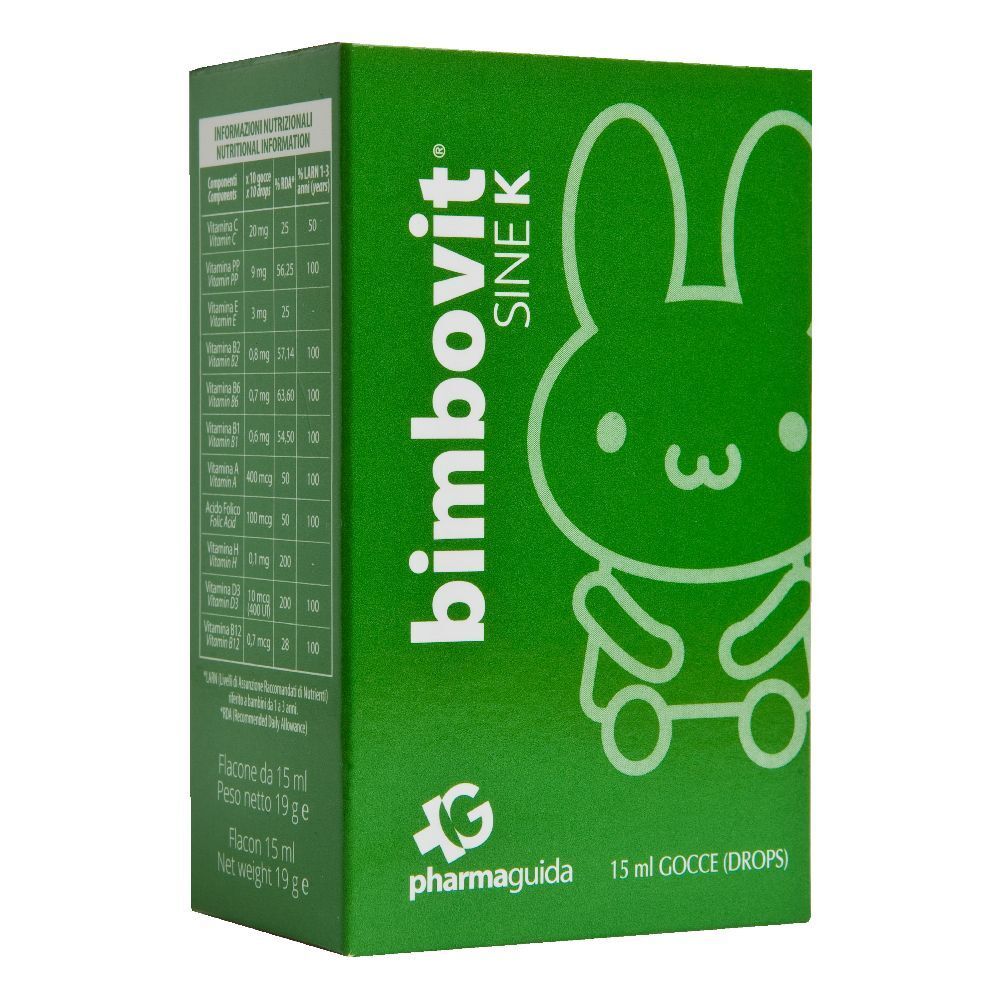 Grüne Schachtel mit "Bimbovit Sine K" und einem Hasen-Cartoon. Enthält Informationen und das Logo von Pharmaguida.