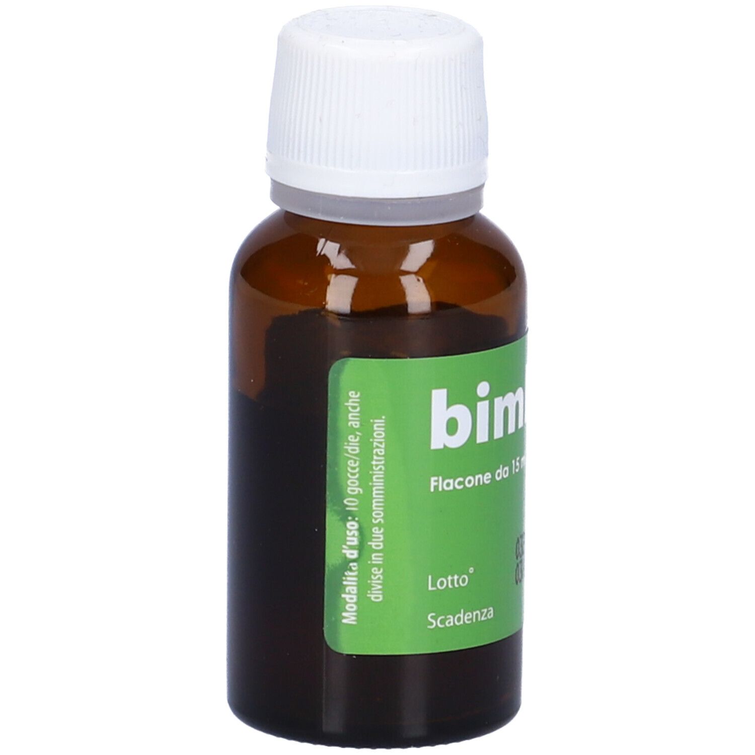 Braune Glasflasche mit weißem Verschluss. Etikett mit "bimbovit" und weiteren Angaben.  