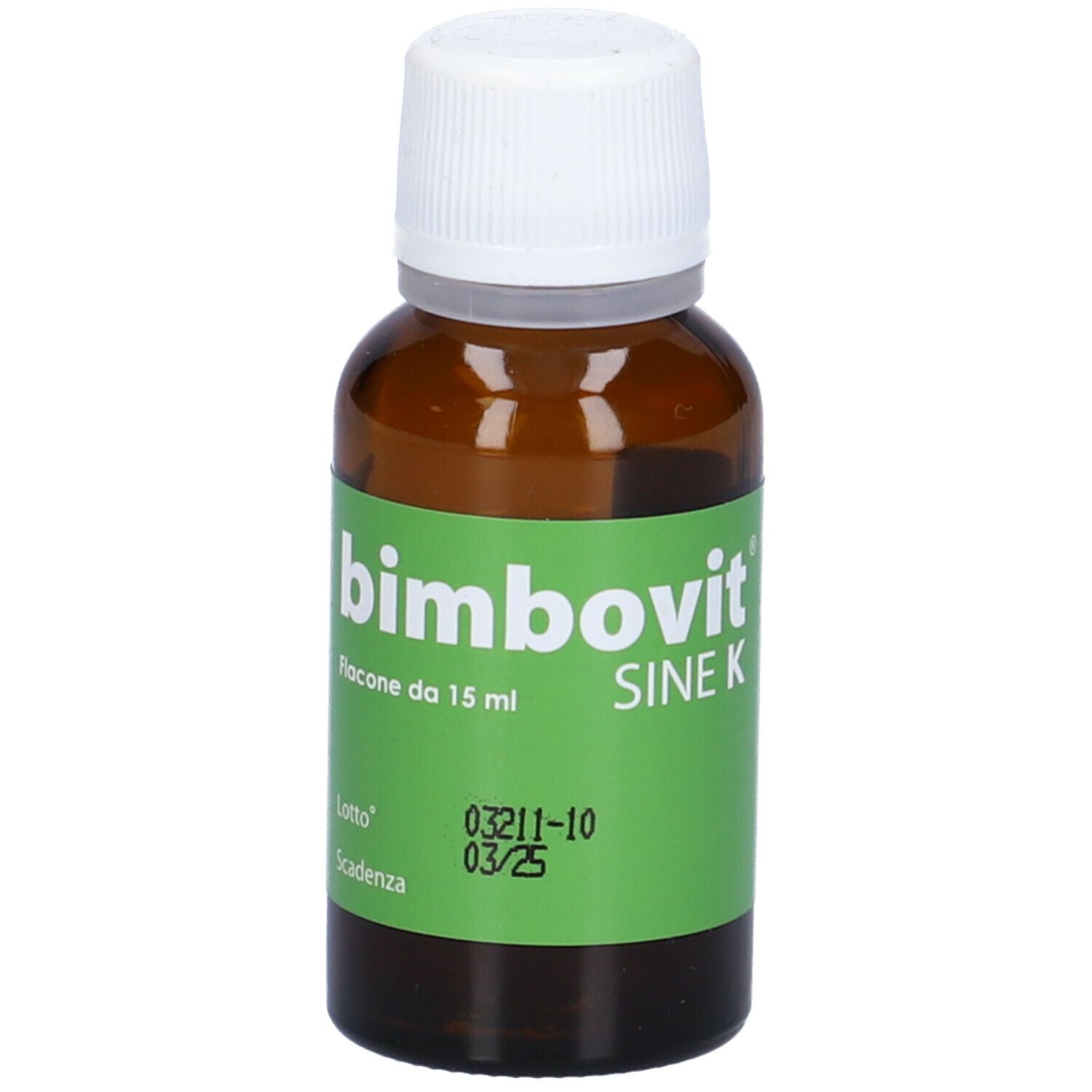 Braune Glasflasche mit weißem Verschluss. Grünes Etikett mit "bimbovit Sine K", Losnummer und Verfallsdatum.