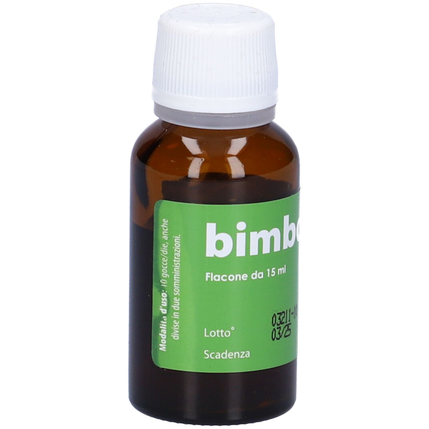 Braune Glasflasche mit weißem Verschluss. Grünes Etikett mit "bimbovit" und Informationen zur Anwendung.