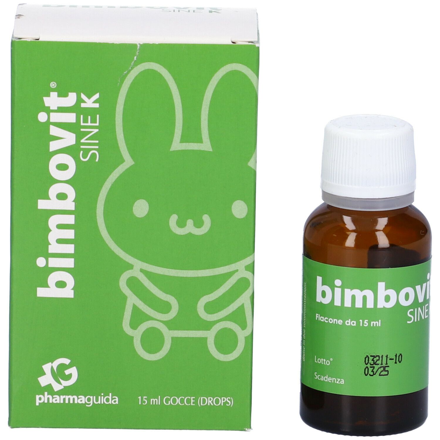 Grüne Schachtel und braune Flasche mit weißem Verschluss. Beide mit "Bimbovit Sine K" beschriftet. 
