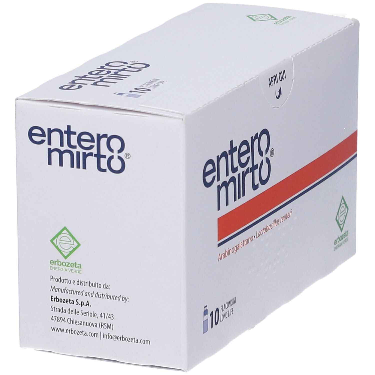 Boîte blanche en biais. Nom et logo du produit. 10 flacons. Bande rouge. Logo vert et blanc.