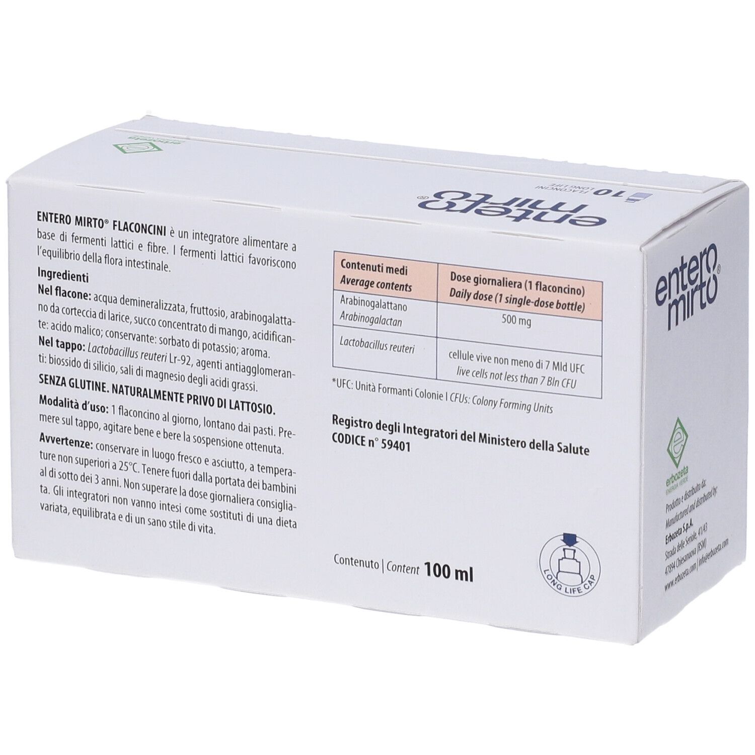 Boîte blanche, dos. Informations sur le produit, ingrédients, dosage. 100 ml. Logo vert et blanc.