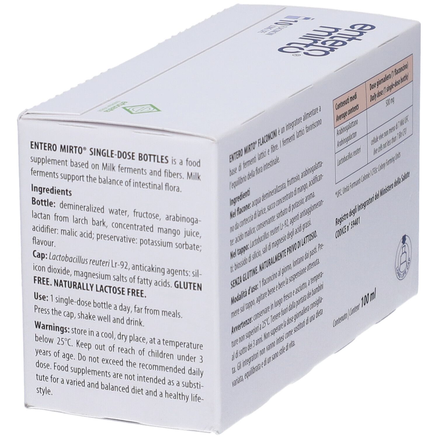 Boîte blanche, dos. Informations sur le produit, ingrédients, dosage. 100 ml. Sans gluten.