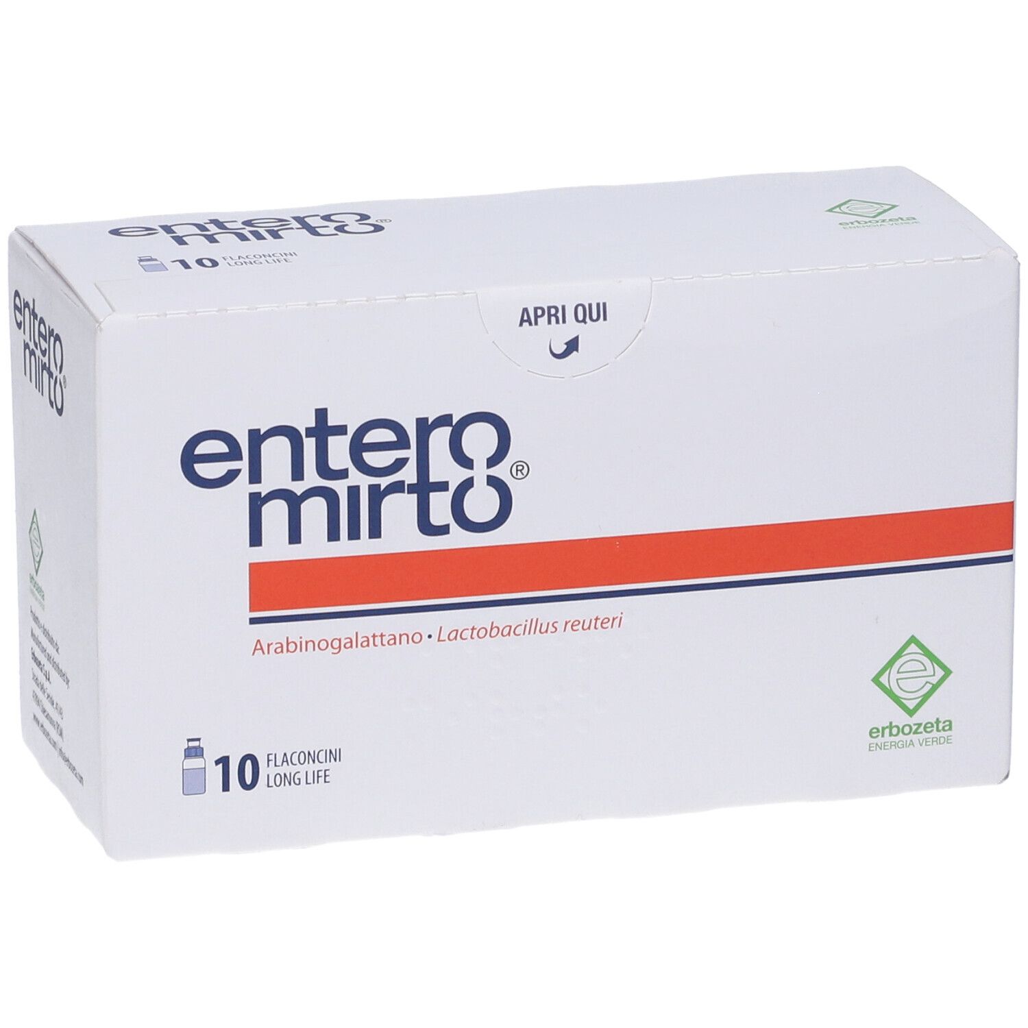 Boîte blanche avec nom et logo du produit. Contient 10 flacons. Bande rouge. Logo vert et blanc.