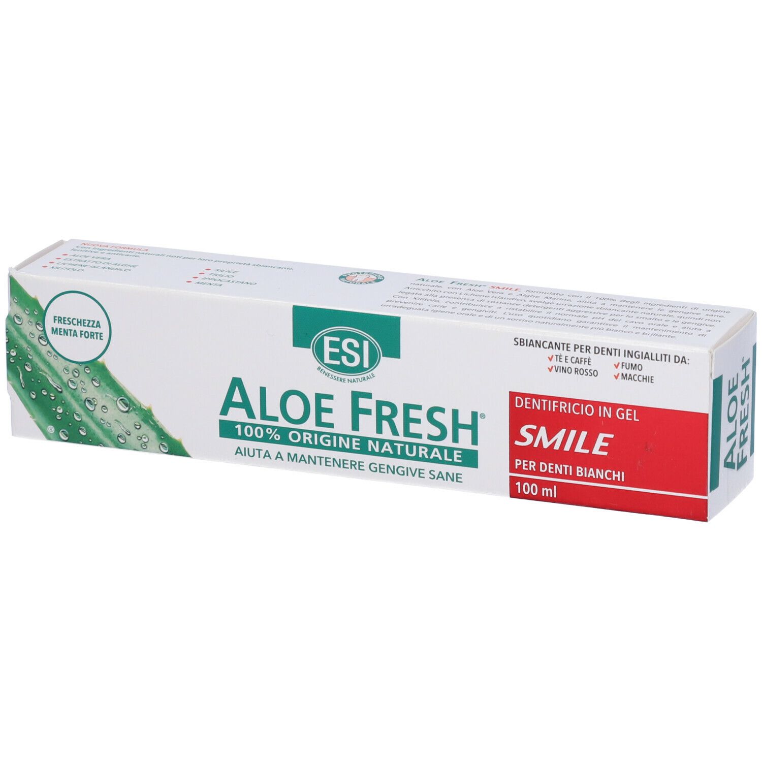 Zahncreme-Verpackung. ESI Aloe Fresh, 100% natürliche Herkunft. Enthält Text: Smile, für weisse Zähne. Mit Aloe-Vera-Illustration.