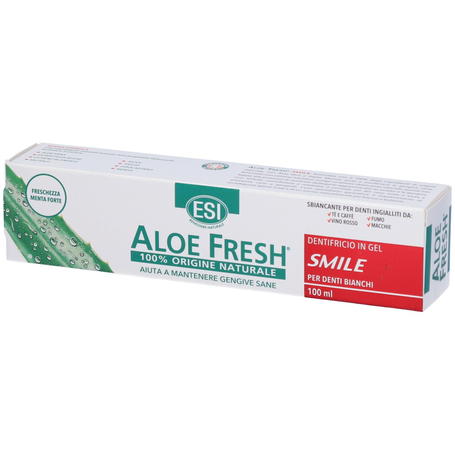 Zahncreme-Verpackung. ESI Aloe Fresh, 100% natürliche Herkunft. Enthält Text: Smile, für weisse Zähne. Mit Aloe-Vera-Illustration.