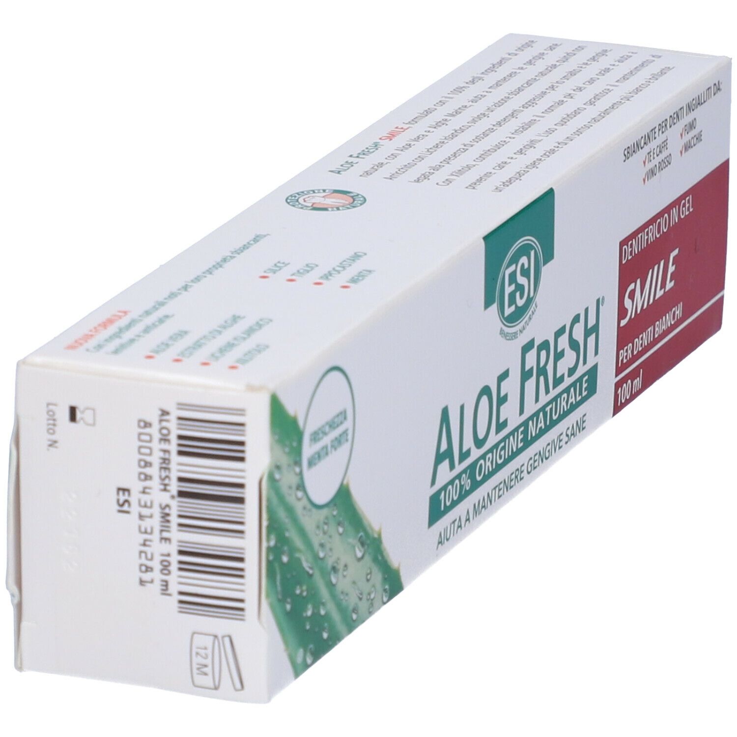 Zahncreme-Verpackung. ESI Aloe Fresh, 100% natürliche Herkunft. Text: Smile, für weisse Zähne. Mit Aloe-Vera-Illustration. Seitenansicht.