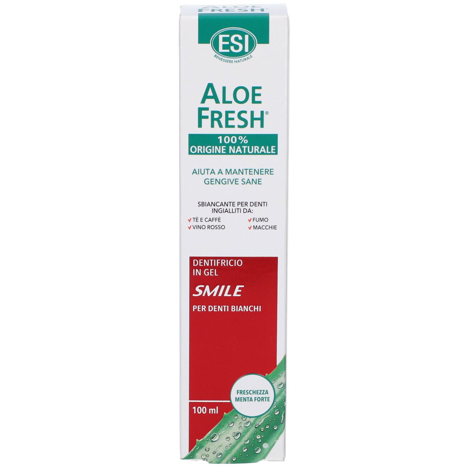Zahncreme-Verpackung. ESI Aloe Fresh, 100% natürliche Herkunft. Text: Smile, für weisse Zähne. Mit Aloe-Vera-Illustration. Vertikale Ansicht.