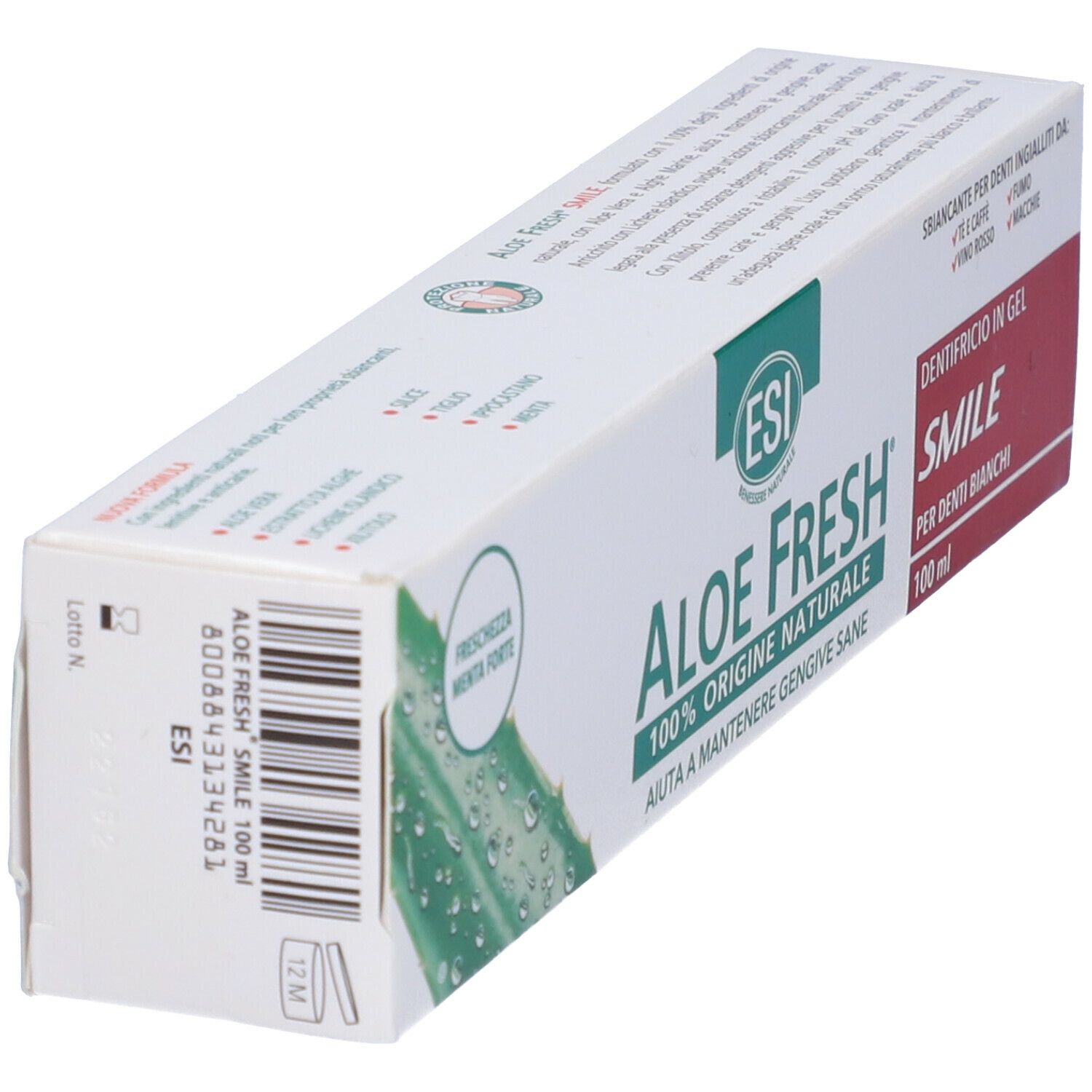 Zahncreme-Verpackung. ESI Aloe Fresh, 100% natürliche Herkunft. Text: Smile, für weisse Zähne. Mit Aloe-Vera-Illustration. Seitenansicht.