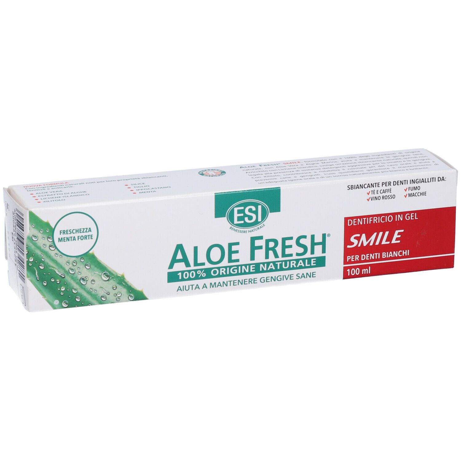 Zahncreme-Verpackung. ESI Aloe Fresh, 100% natürliche Herkunft. Enthält Text: Smile, für weisse Zähne. Mit Aloe-Vera-Illustration.