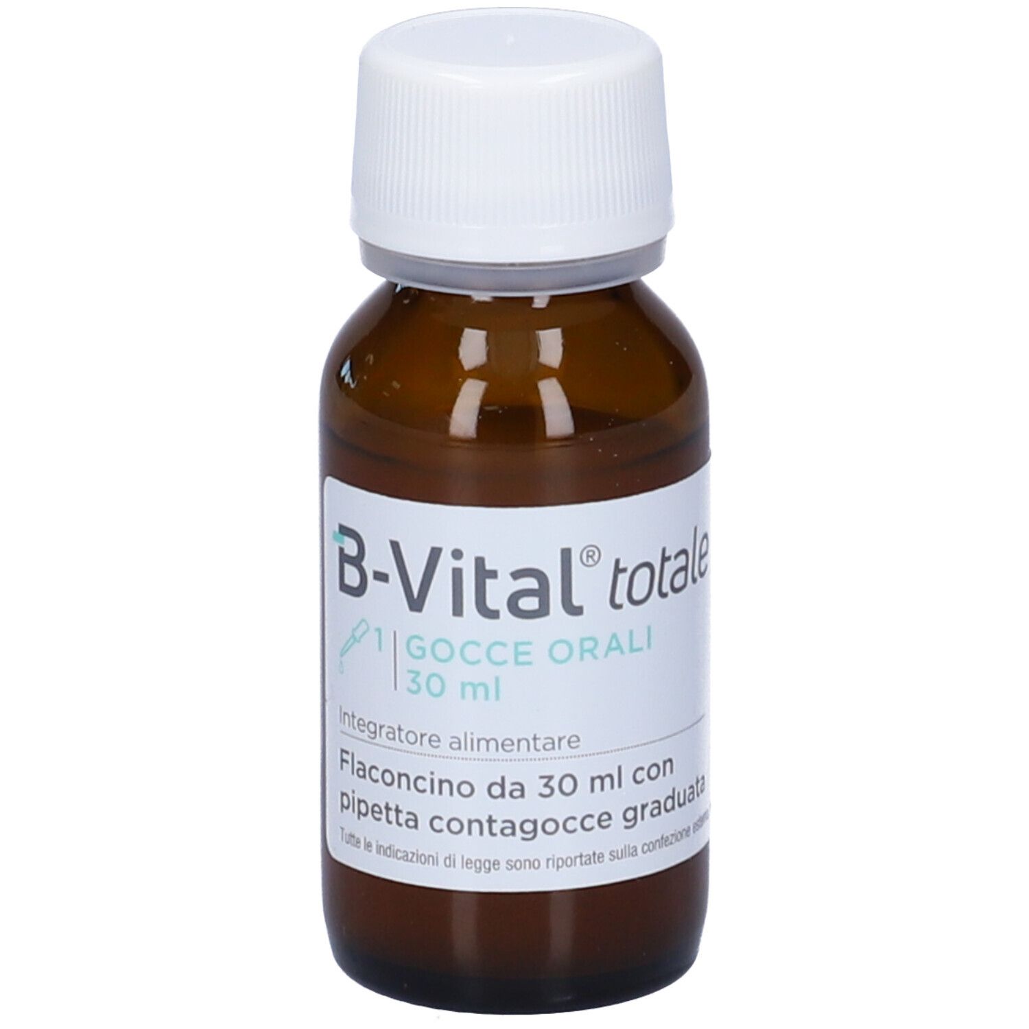 Flacon en verre brun avec bouchon blanc. Étiquette avec texte : B-Vital totale, Gocce orali, 30 ml. Flacon compte-gouttes.