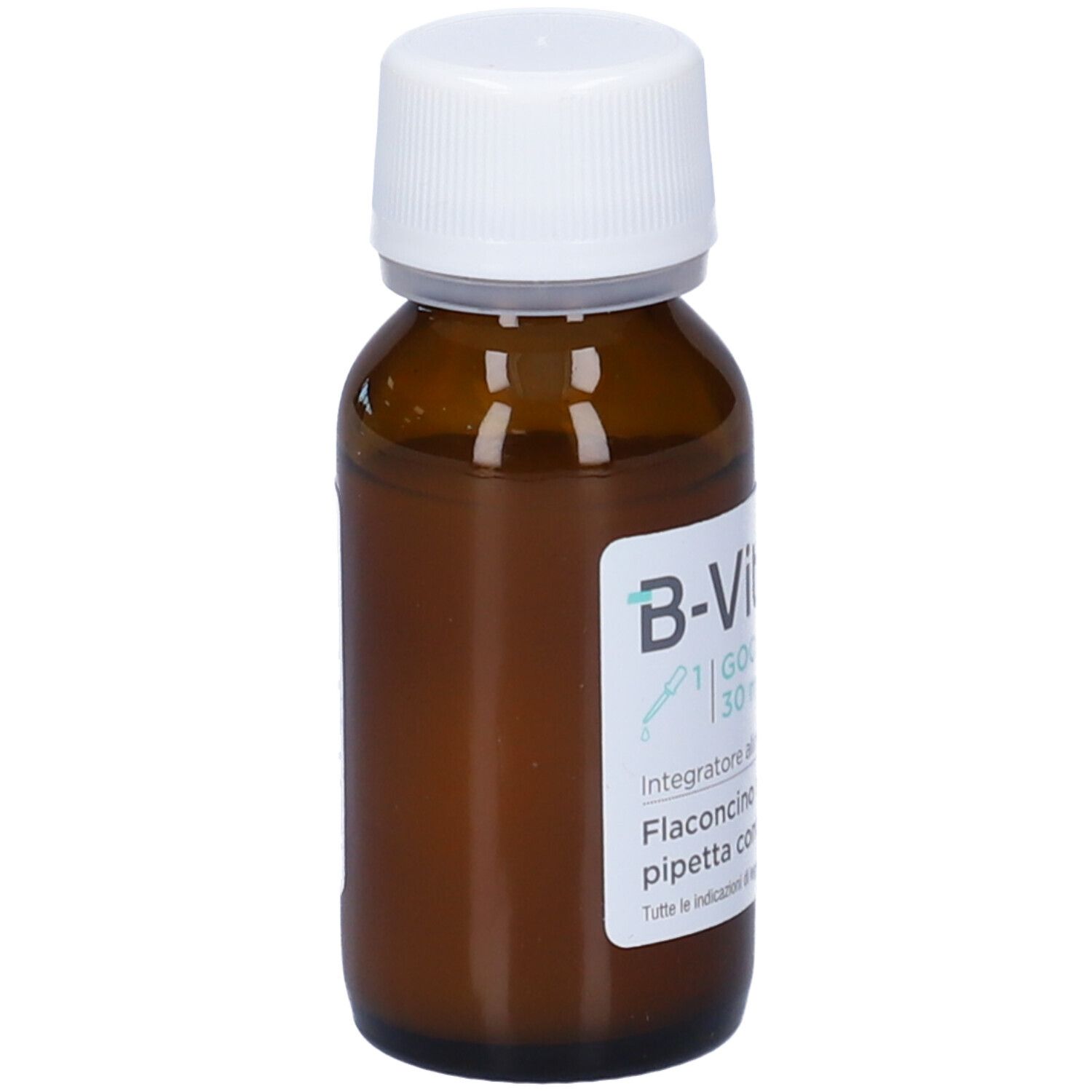 Flacon en verre brun avec bouchon blanc. Étiquette avec texte : B-Vital, Gocce orali, 30 ml. Flacon compte-gouttes.