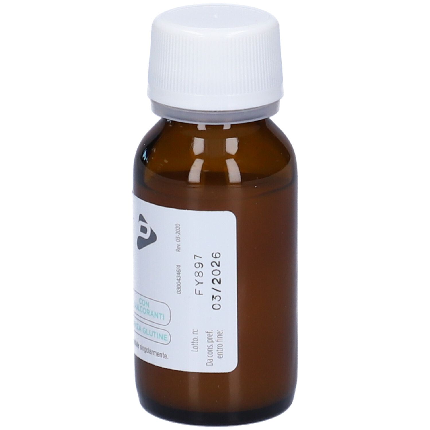 Flacon en verre brun avec bouchon blanc. Étiquette avec texte et date d'expiration 03/2026. Flacon compte-gouttes.