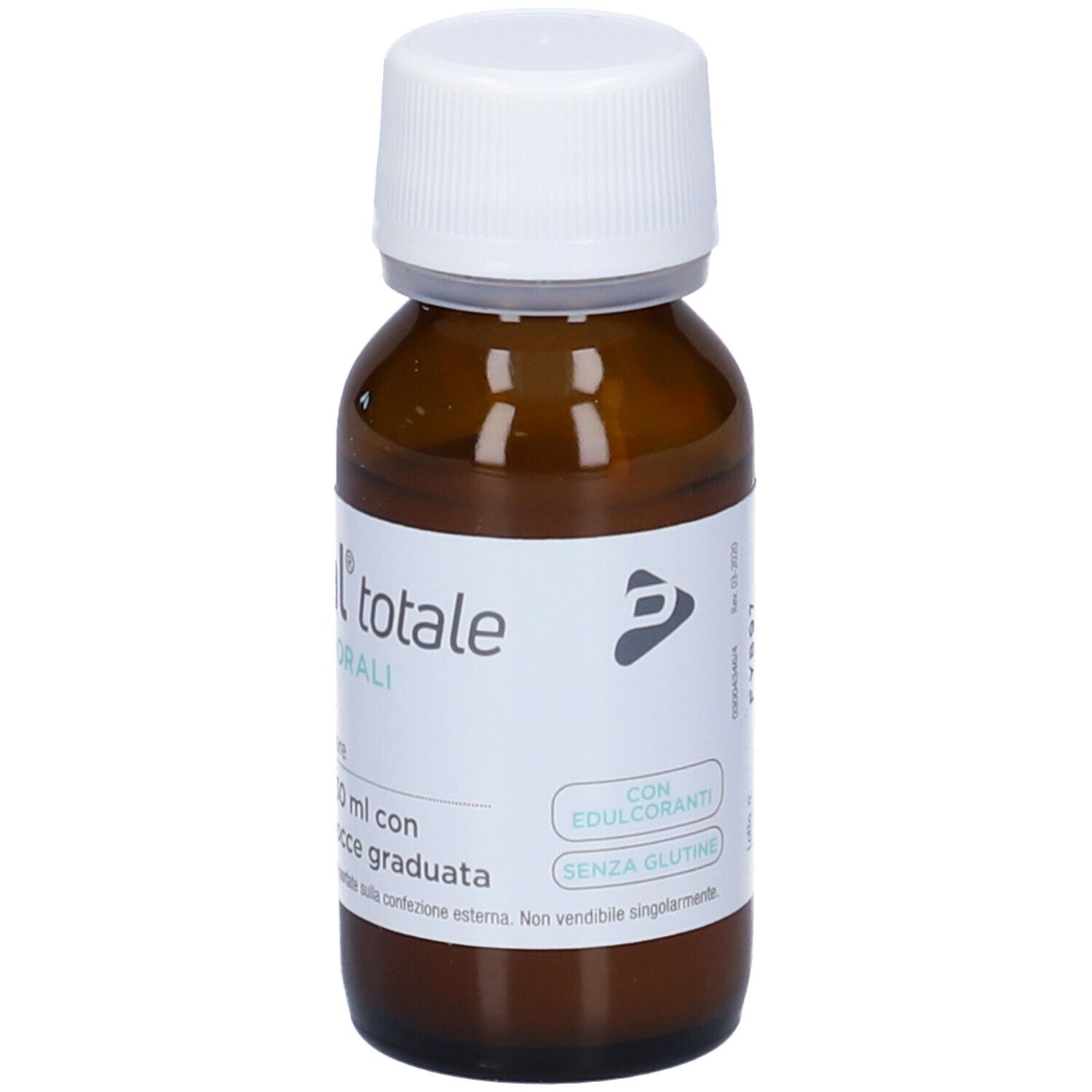 Flacon en verre brun avec bouchon blanc. Étiquette avec texte : B-Vital totale, Gocce orali, 30 ml. Flacon compte-gouttes.
