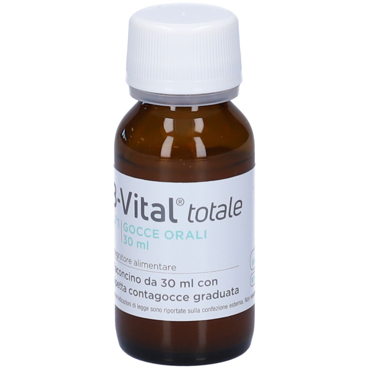 Flacon en verre brun avec bouchon blanc. Étiquette avec texte : B-Vital totale, Gocce orali, 30 ml. Flacon compte-gouttes.