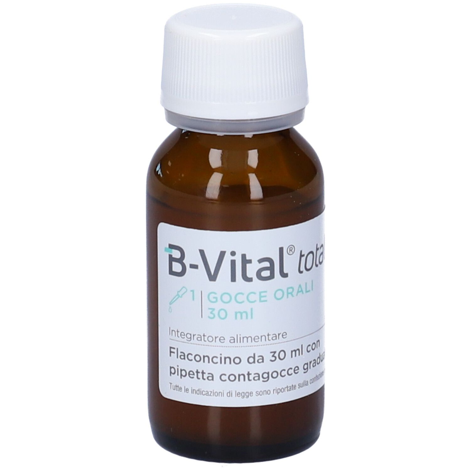 Flacon en verre brun avec bouchon blanc. Étiquette avec texte : B-Vital totale, Gocce orali, 30 ml. Flacon compte-gouttes.