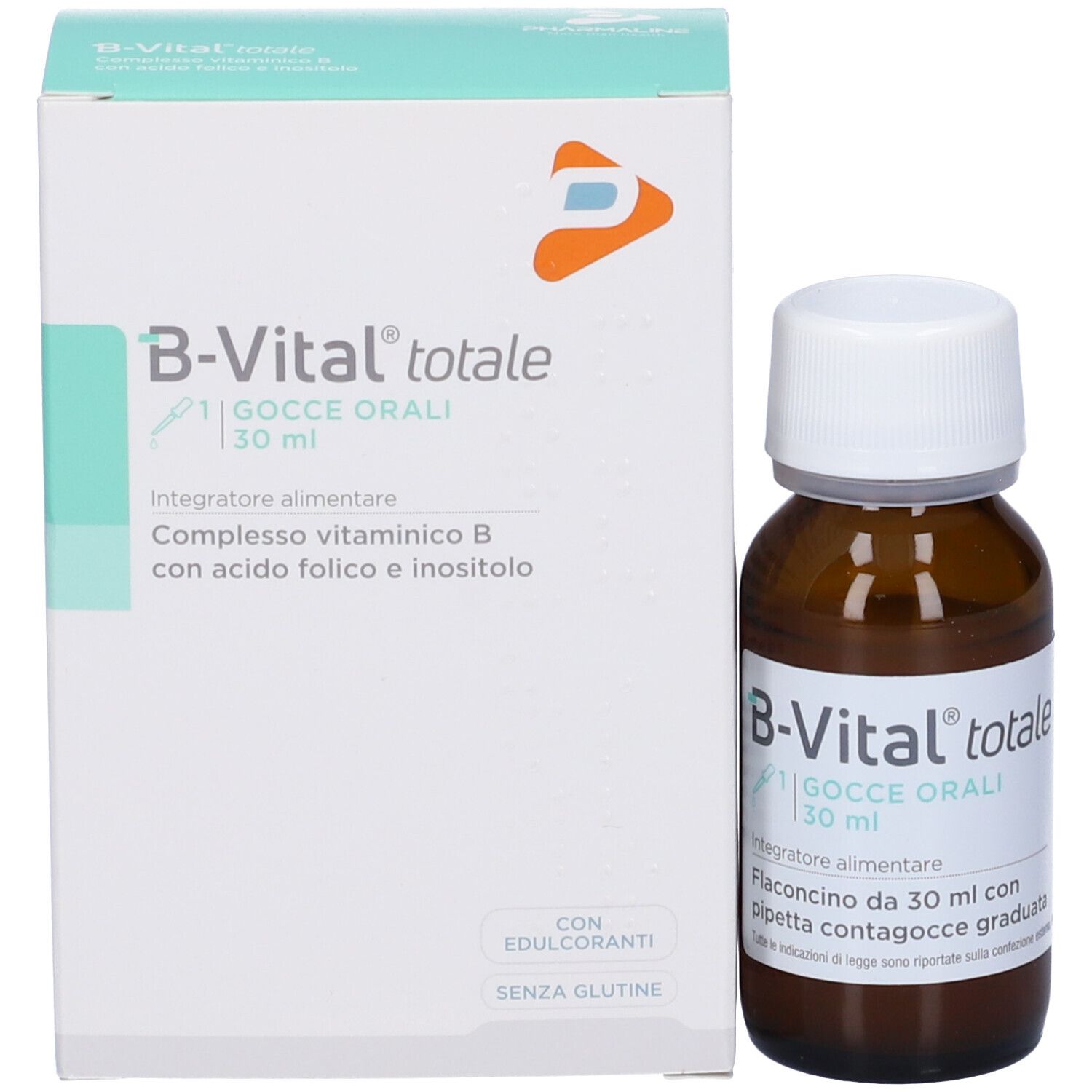 Flacon en verre brun avec bouchon blanc et boîte. Boîte avec texte : B-Vital totale, Gocce orali, 30 ml. Flacon compte-gouttes.