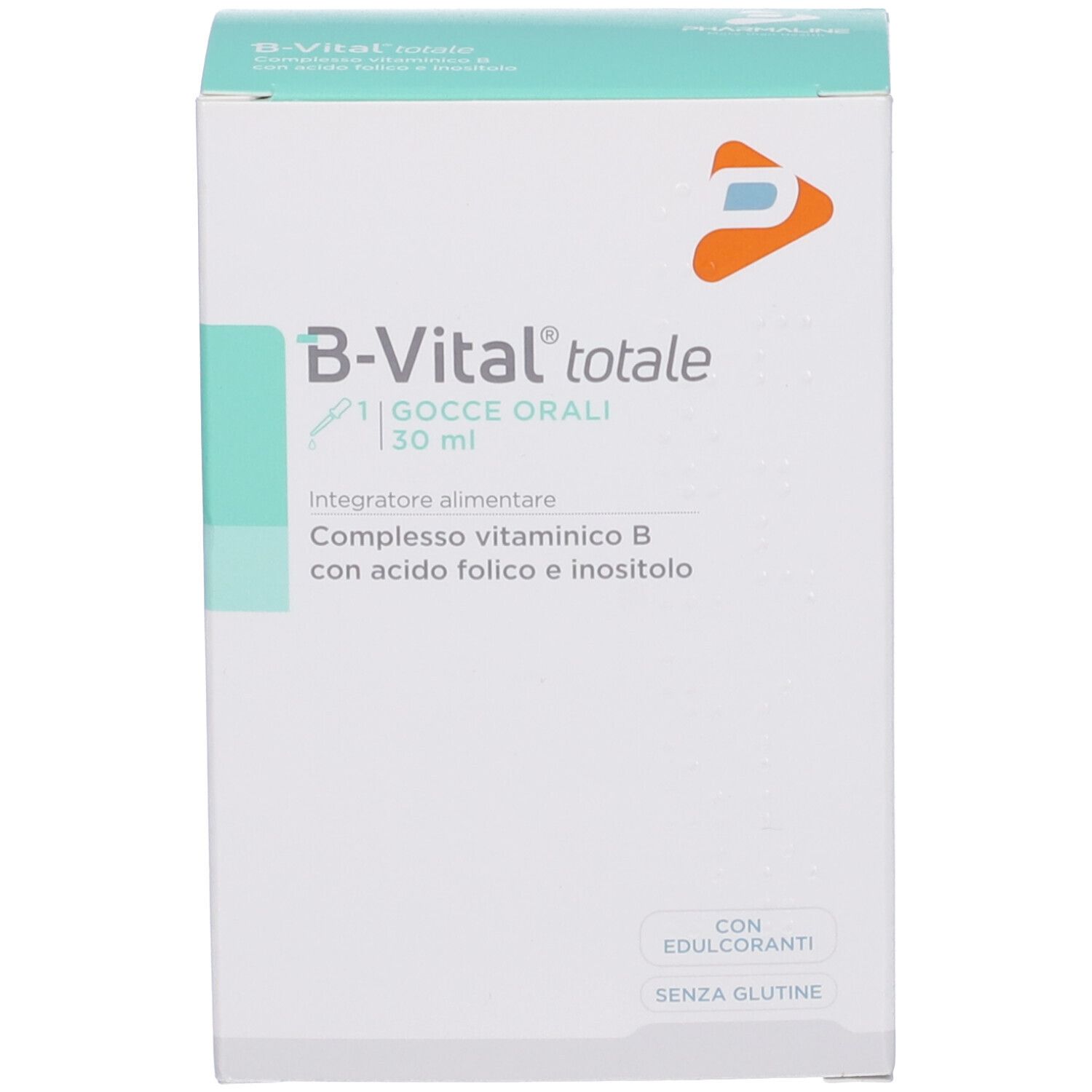 Boîte avec texte : B-Vital totale, Gocce orali, 30 ml. Complément alimentaire. Avec vitamine B, acide folique et inositol.