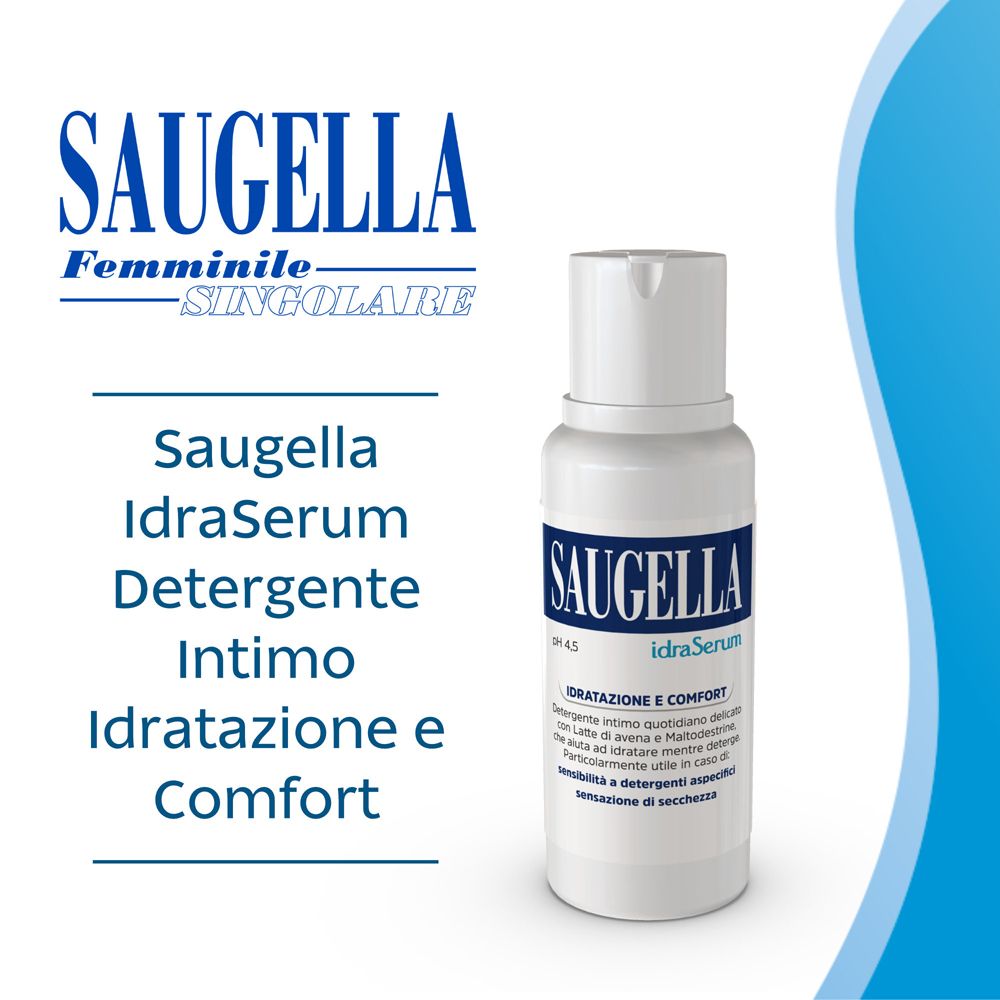 Produktflasche mit SAUGELLA-Logo. Text: idraSerum, Detergente Intimo, Idratazione e Comfort.