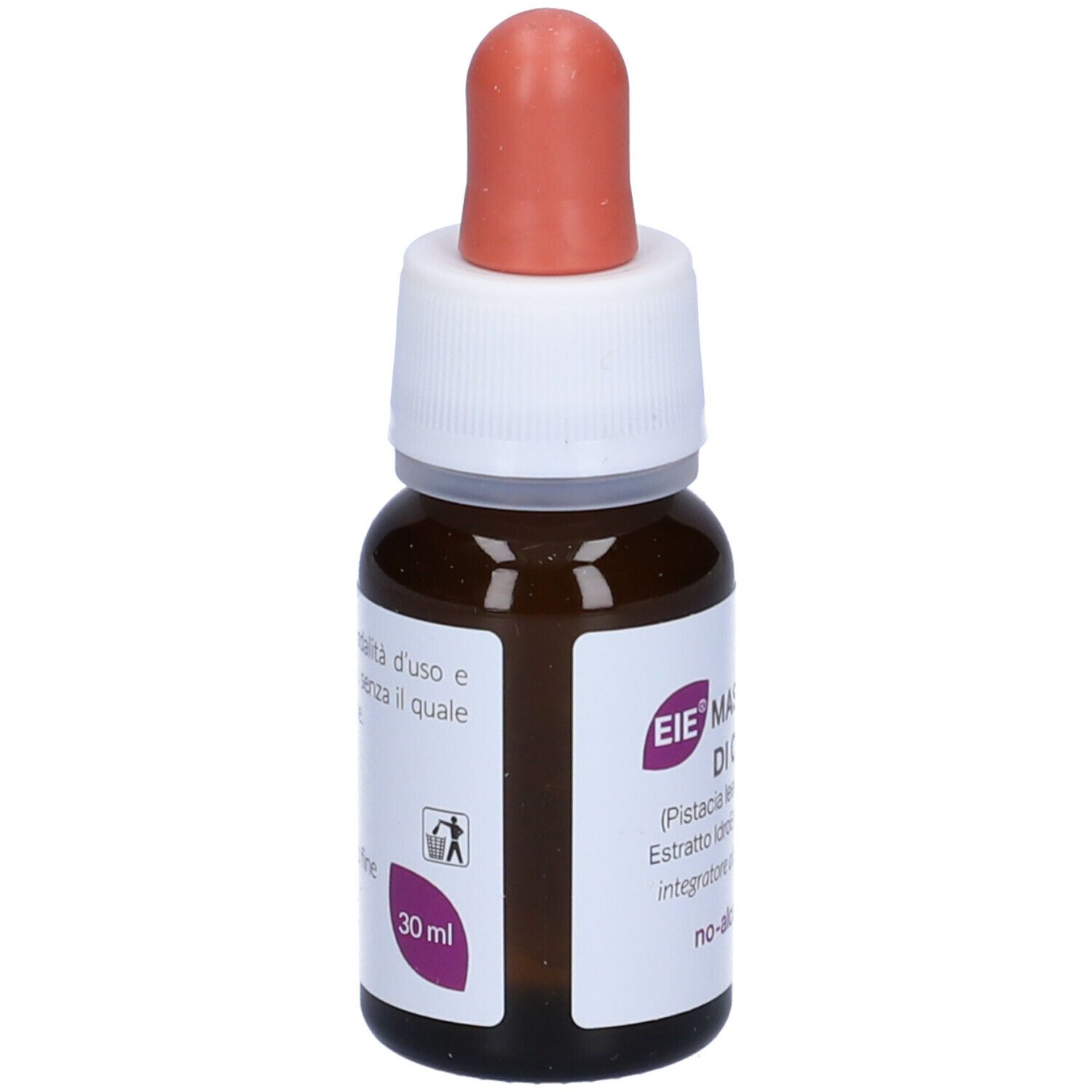 Flacon en verre brun avec bouchon blanc et pipette rouge. Inscription : EIE Mastice di Chios, 30 ml.